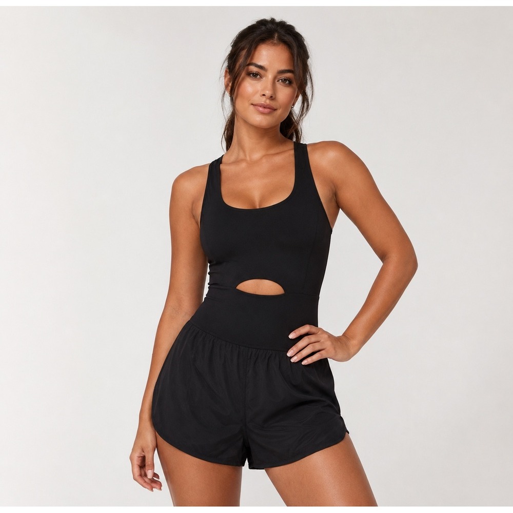 Free People Movement Righteous Runsie Romper Activewear Large Black
